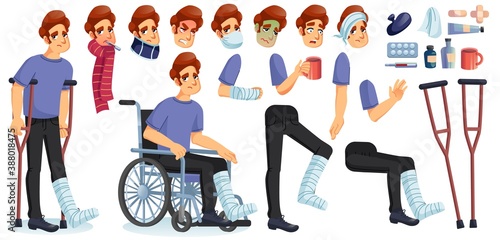 Young sick, disabled or injured man animated character creation set. Male person suffering from different disease, fever, flu, trauma body fracture. Medicines, healing tools, mobility device kit