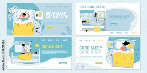 Rules tips recommendation information for children better night sleep. Healthy habits. Kids falling asleep, loving parent controlling baby sweet dream, reading book. Bedtime. Landing page set