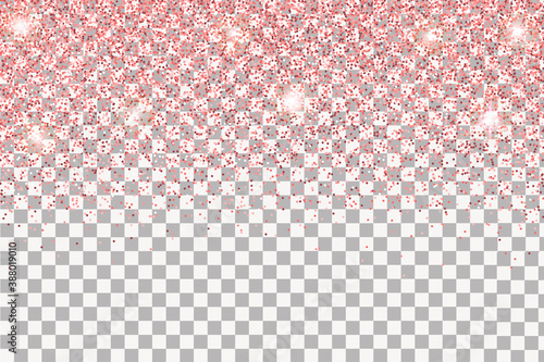 Sparkling falling rose gold dust on transparent background. Vector horizontal background with glitter and space for text.