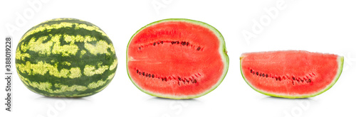 A whole round watermelon, half a watermelon and a cut watermelon slice. Concept. Isolated on white background