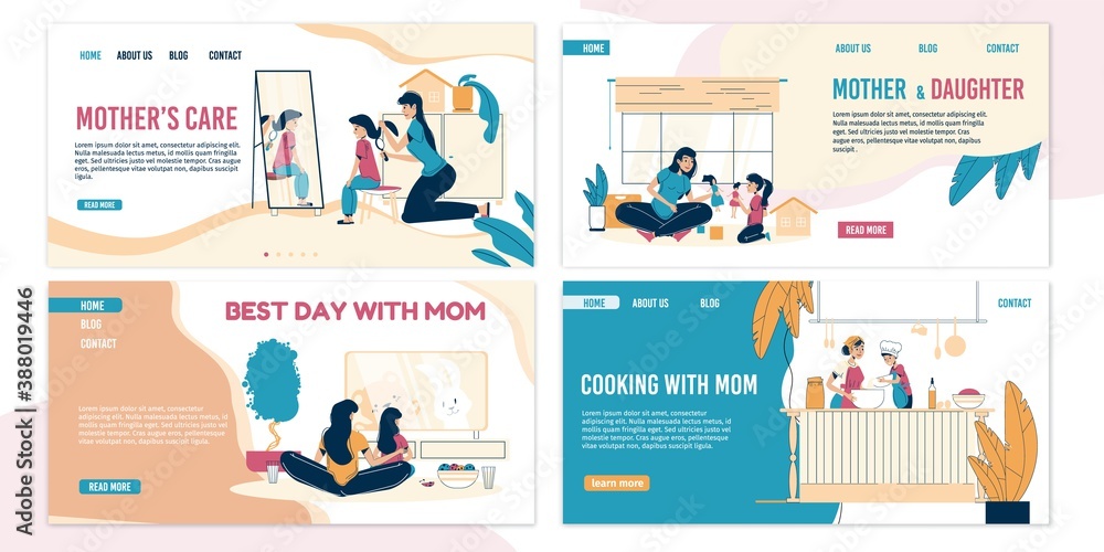 Mother child care love. Parent kid best recreation time. Everyday together. Mom son or daughter, spending pastime, cooking, playing at home. Stay home motivation landing page template set