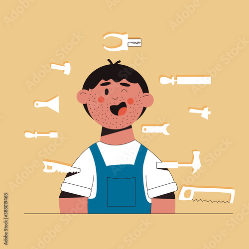 Vector illustration of a young male locksmith smiling and winking with stubble on his face, against the background of working locksmith tools. Concept of repair work, manual laborers. Can be used for