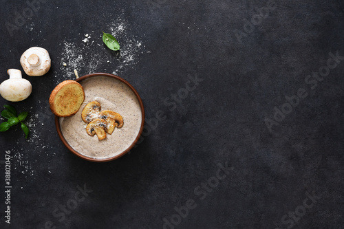 Soup puree with mushrooms and cheese on a concrete background. View from above.