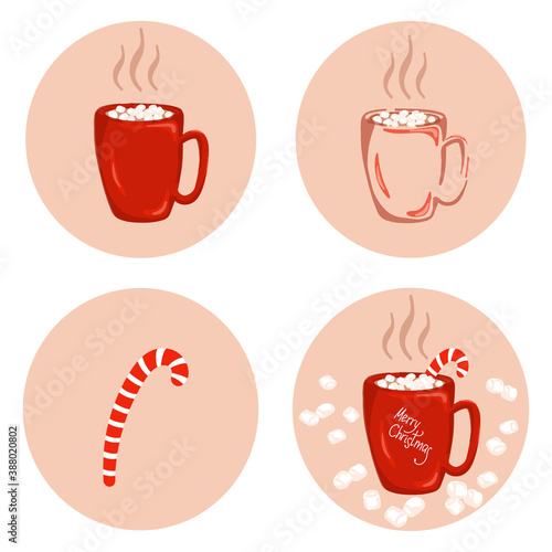 Christmas cup or mug with hot drink icon set. Cocoa, hot chocolate or coffee with marshmallow and candy cane. Xmas and winter holidays banner or greeting card cartoon design elements. Vector.