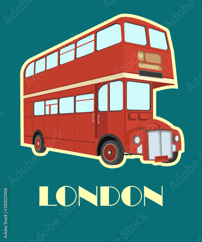 Double decker bus from England. Website, icon, postcards, place for text.