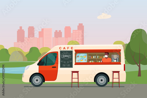 Food truck van with a seller in a medical mask isolated. Cafe on wheels. Vector illustration.