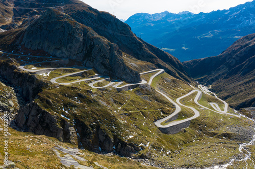 Tremola road on the Gotthard Pass in the Swiss mountains photo