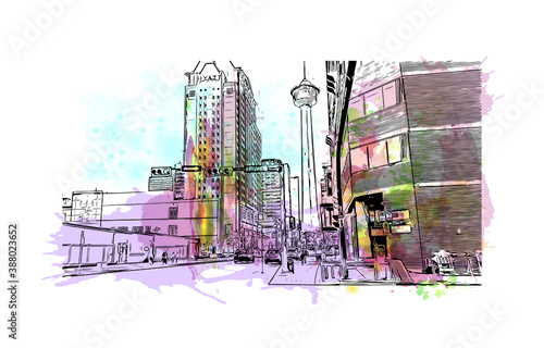 Building view with landmark of Calgary is a city in the western Canadian province of Alberta. Watercolor splash with hand drawn sketch illustration in vector.