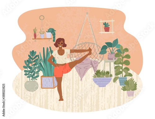 Woman doing yoga activity at home. View a yoga lesson online on a computer. A lesson with an instructor from home. Urban jungle flat. Vector illustration