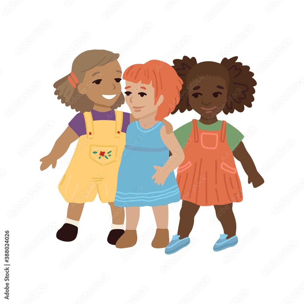 Children, three girls hug. Friendship in kindergarten, little age girls. Vector illustration of characters on a white background. Children, three girls hug. Friendship in kindergarten, little age girls. Vector illustration of characters on a white background.