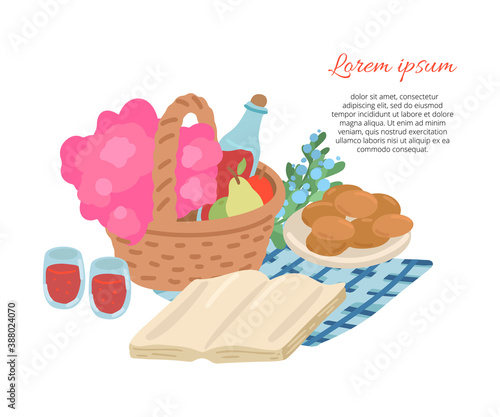 Picnic basket with food and drink. Invitation card for party celebration. Vector cartoon illustration