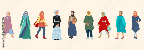 Set of arab women, girls with headscarves, oriental women. Different characters. Vector illustration, banner design.