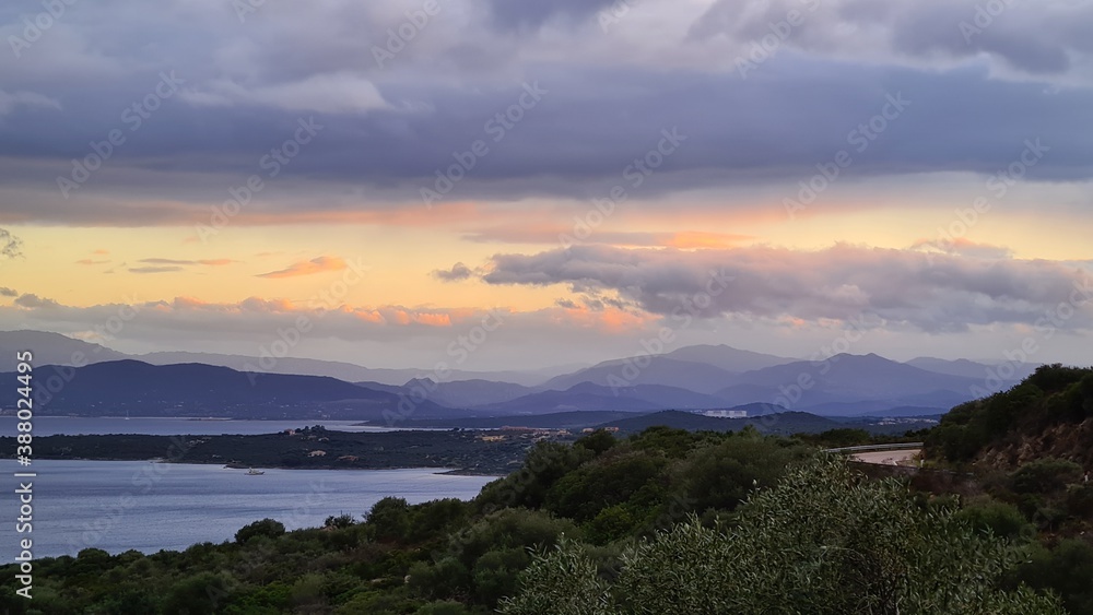 Sunset over the coastal mountains of Costa Smeralda, Sardinia/Italy