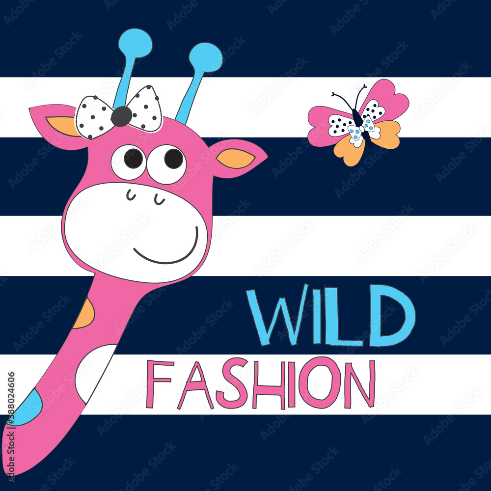 Naklejka premium cute giraffe with butterfly on striped background 