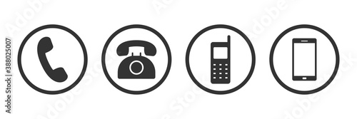 Phone icons collection. Isolated mobile and cellphone symbols. Retro phone and modern smartphone icons. Mobile cellular device. Black flat icons set. Vector EPS 10.