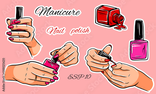 Vector set of manicure. Bottles of nail polish. Brush for manicure. Hands with nail polish.