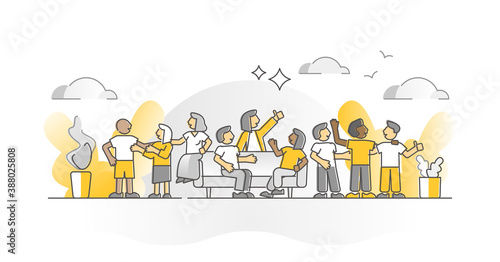 Friends crowd together as social contact group monocolor outline concept