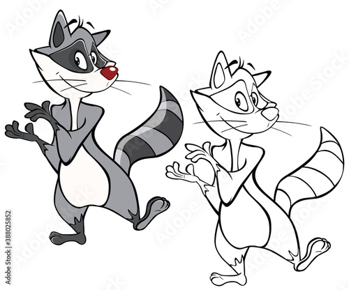 Vector Illustration of a Cute Cartoon Character Raccoon  for you Design and Computer Game. Coloring Book Outline Set 