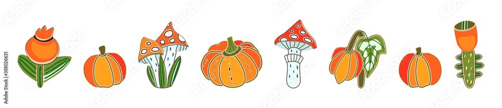 Obraz premium Pumpkins mushrooms flowers on a white background. Vector illustration. Autumn set of icons. Halloween. Abstract hand drawn decorative pumpkin and mushrooms. Harvest food vegetables mushroom fly agaric