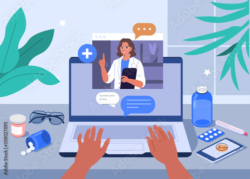 Hands Typing on Laptop with Video Call on Screen. Patient having Online Conversation with Doctor. Modern Health Care Services and Online Telemedicine Concept. Flat Cartoon Vector Illustration. 