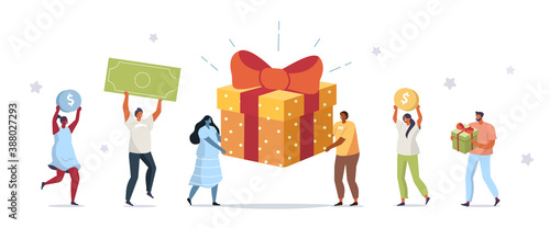 People Characters Receiving Online Reward. Woman and Man Holding Gift Box and Collecting Cash Back Bonuses and Prizes. Loyalty and Referral Marketing Program Concept. Flat Cartoon Vector Illustration.