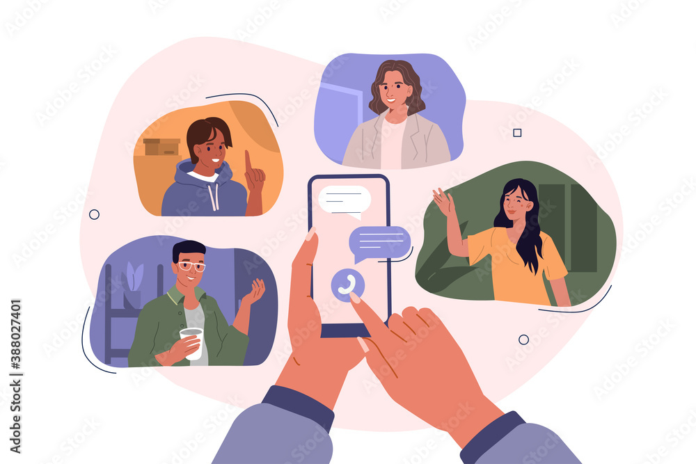 Hands Holding Smartphones with Video Chat on Screen.  Boys and Girls Chatting and Communicating Together in Social Media. Female and Male Characters Talking Online. Flat Cartoon Vector Illustration. - obrazy, fototapety, plakaty 