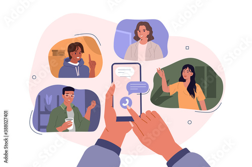 Hands Holding Smartphones with Video Chat on Screen. Boys and Girls Chatting and Communicating Together in Social Media. Female and Male Characters Talking Online. Flat Cartoon Vector Illustration.