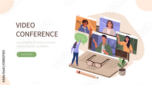 People Character working Remote at Home and using Laptop for Video Meeting with Colleagues. Online Discussion and Business Video Conference Concept. Flat Isometric Vector Illustration.