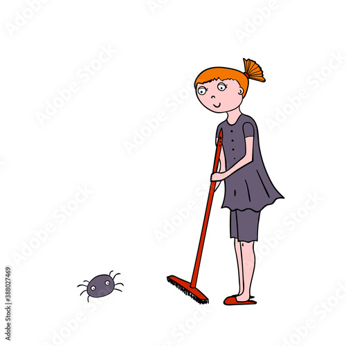 Housewife with the red vacuum cleaner and cute spider