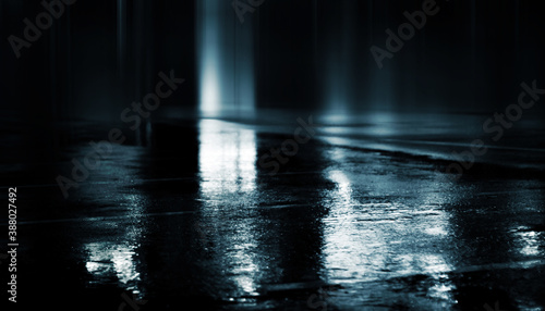 Fototapeta Naklejka Na Ścianę i Meble -  Dark abstract background. Empty dark street background at night. Spotlight reflects on the asphalt, blurry night lights. Smoke, fog. 3d illustration