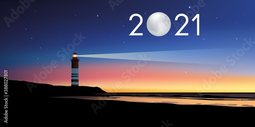 Carte de voeux 2021 avec le concept du phare symbolisant le point de repère permettant de suivre la bonne direction pour relever les défis et les couronner de succès.
