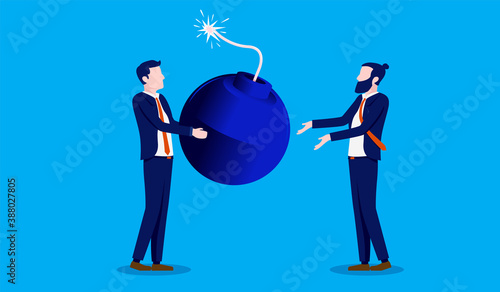 Handing over problem - Man not taking responsibility and delegating dangerous task to employee in form of a bomb. Vector illustration.