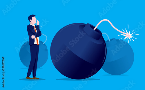 Business trouble - Businessman in imminent danger watching a big bomb about to blow up. Forthcoming disaster, problem and crisis concept. Vector illustration.