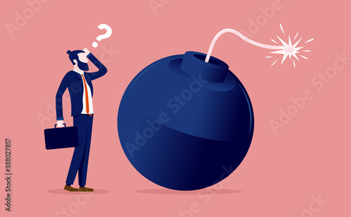 Businessman unaware of problem - Man scratching head and looking at big bomb about to blob. Ignorant and stupidity concept. Vector illustration.