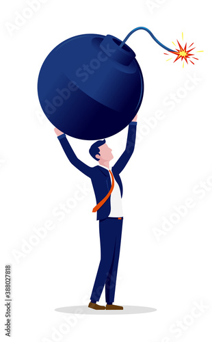 Businessman holding bomb over head vertical vector illustration.