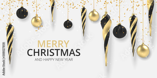Christmas background with gold and black baubles – festive holiday banner