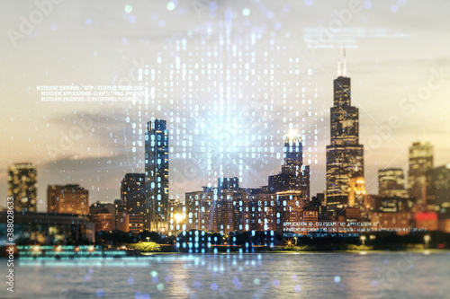 Double exposure of abstract virtual creative code skull hologram on Chicago city skyscrapers background. Malware and cyber crime concept