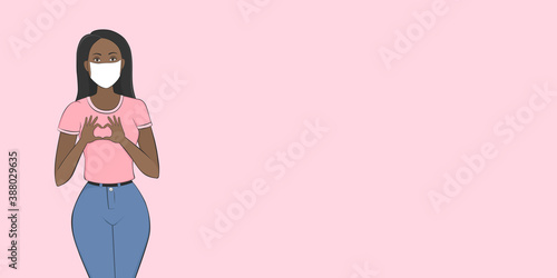 VALENTINE'S DAY poster with copy space. African woman in face mask with heart shaped hands. Vector illustration.