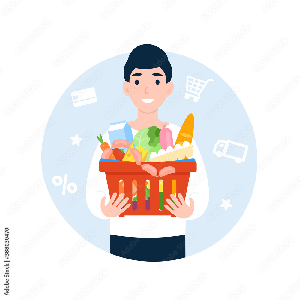 Happy man with a basket of food. Shopping cart with products. Flat vector cartoon illustration. Happy man with a basket of food. Shopping cart with products. Flat vector cartoon illustration.