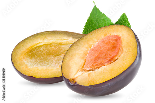 fresh plum fruit with green leaf and cut plum slices isolated on white background. Clipping path.