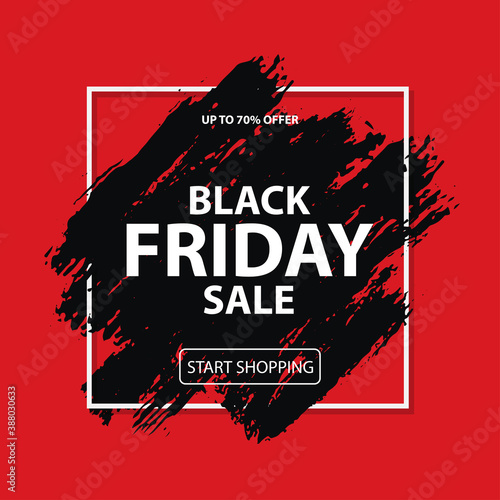 Black friday sale. Vector layout banner on red background. Dirty grunge brushes stroke under white square frame. Offer announcement for Black friday discount.