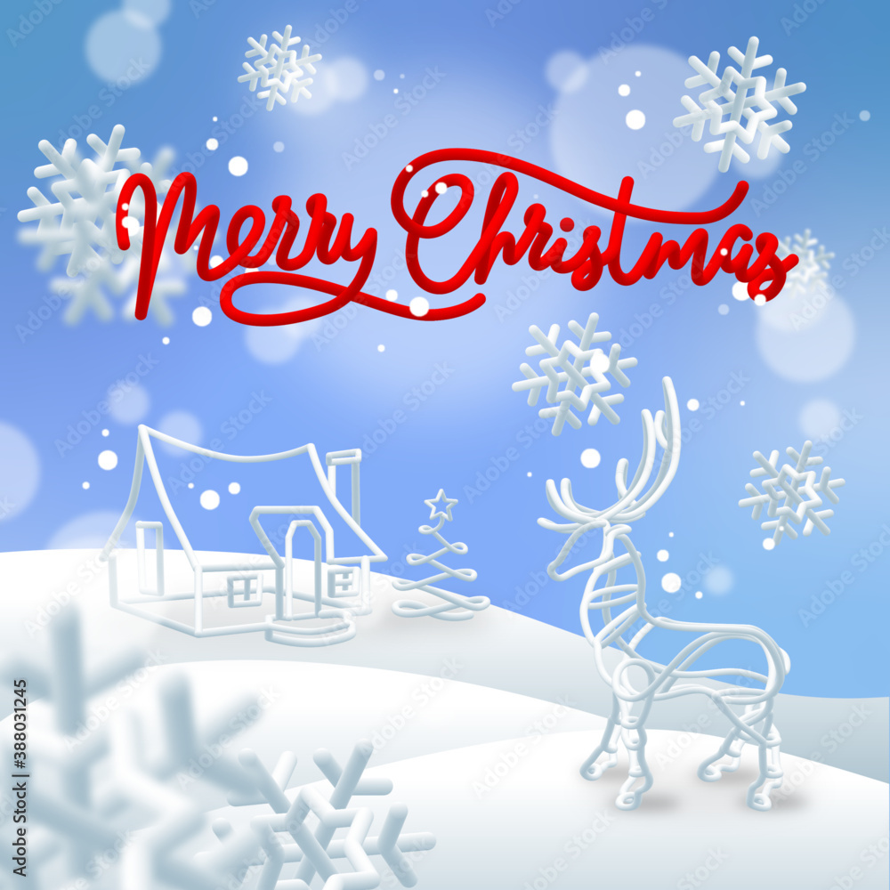 Merry Christmas greeting on a winter snowy background with snowflakes deer house hut and Christmas tree