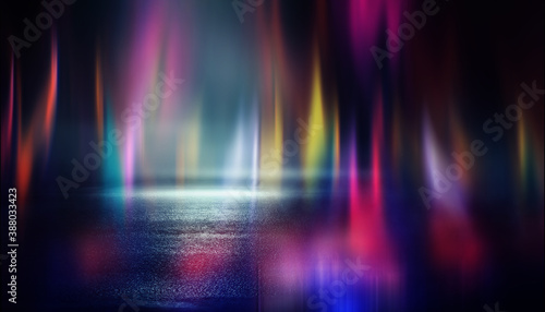 Dark abstract background with ultraviolet neon glow. Blurry neon waves. Light effect. Reflection on the asphalt. 3d illustration