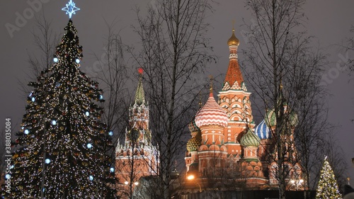 St. Basil's Cathedral on Red Square against the backdrop of Christmas decorations.