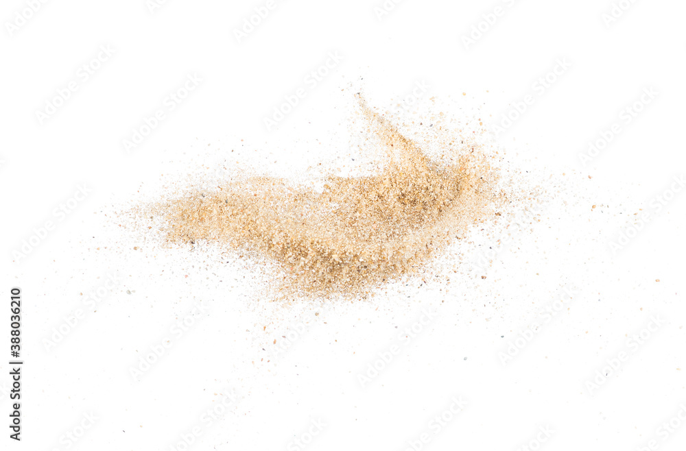 Sand flying explode on white background ,throwing freeze stop motion object design Sand flying explode on white background ,throwing freeze stop motion object design