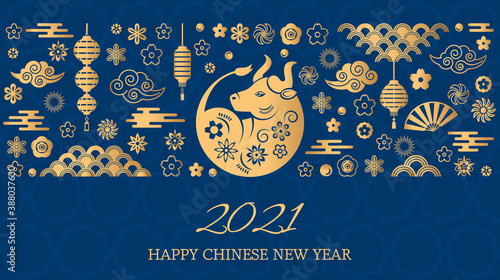 Happy chinese new year. the white metal ox is a symbol of 2021, the Chinese New Year.