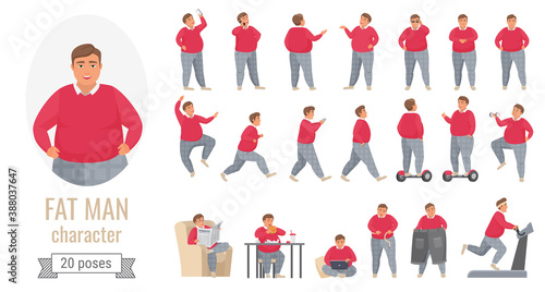 Fat man poses vector illustration set. Cartoon body positive male character wearing red sweater and gray pants, showing different postures action poses in front, side or back view isolated on white