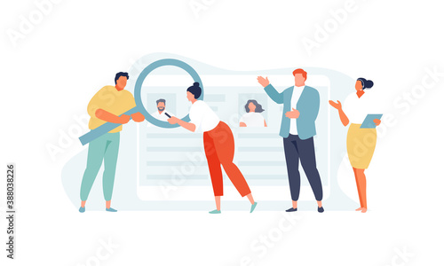 Group of business people evaluate candidates for a vacancy. Recruitment staff department personnel vector illustration
