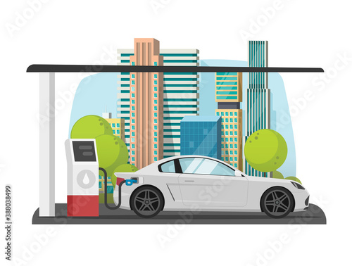 Car refueling on city petrol gas fuel station vector flat cartoon style illustration, automobile vehicle refilling petroleum on town street landscape modern design