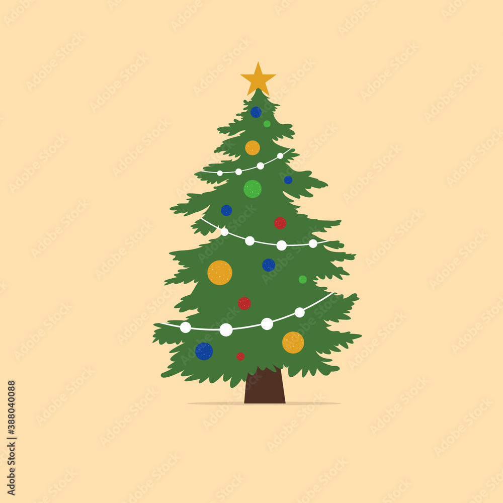 Decorated Christmas tree with star, decoration christmas balls and garland lights. Happy New Year. Vector illustration. Flat style Decorated Christmas tree with star, decoration christmas balls and garland lights. Happy New Year. Vector illustration. Flat style